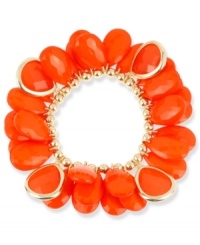 Bright colors make the season. Haskell's shaky bracelet combines teardrop-shaped orange acrylic beads with gold tone metal details. Set in gold tone mixed metal. Bracelet stretches to fit wrist. Approximate length: 7-1/2 inches. Bright colors make the season. Haskell's shaky bracelet combines teardrop-shaped orange acrylic beads with gold tone metal details. Set in gold tone mixed metal. Bracelet stretches to fit wrist. Approximate length: 7-1/2 inches.