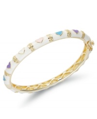 The perfect gift for your little sweetheart. This 18k gold over sterling silver bangle features white and multicolored enamel hearts. Bracelet secures with a hinge clasp. Approximate diameter: 2 inches. The perfect gift for your little sweetheart. This 18k gold over sterling silver bangle features white and multicolored enamel hearts. Bracelet secures with a hinge clasp. Approximate diameter: 2 inches.