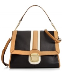 Wear with your favorite frilly frock or powersuit and pumps, this versatile silhouette from Calvin Klein is the ultimate accessory. Buttery-soft leather in sophisticated colorblocking is accented with a gracious turnlock closure and ladylike chain-link detail, while plenty of inside pockets offer effortless organization. Wear with your favorite frilly frock or powersuit and pumps, this versatile silhouette from Calvin Klein is the ultimate accessory. Buttery-soft leather in sophisticated colorblocking is accented with a gracious turnlock closure and ladylike chain-link detail, while plenty of inside pockets offer effortless organization.