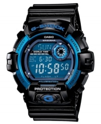 Shock-resistant with a high-intensity backlight, this G-Shock sport watch features blue accents for subtle cool. Shock-resistant with a high-intensity backlight, this G-Shock sport watch features blue accents for subtle cool.
