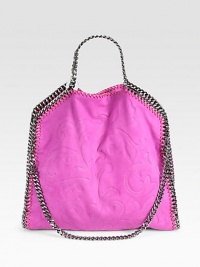 An embossed faux suede style with faux leather whipstitching and shiny link chain trim that follows the brand's vegetarian initiatives.Double chain top handles, 5 dropChain shoulder strap, 11 dropMagnetic snap closureOne inside zip pocketFully lined14W X 14½H X 3DMade in Italy An embossed faux suede style with faux leather whipstitching and shiny link chain trim that follows the brand's vegetarian initiatives.Double chain top handles, 5 dropChain shoulder strap, 11 dropMagnetic snap closureOne inside zip pocketFully lined14W X 14½H X 3DMade in Italy