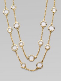Long chain piece punctuated with round crystals. 12K goldplated metal Length, about 32 Multi-sized round crystals Lobster claw clasp Imported Long chain piece punctuated with round crystals. 12K goldplated metal Length, about 32 Multi-sized round crystals Lobster claw clasp Imported