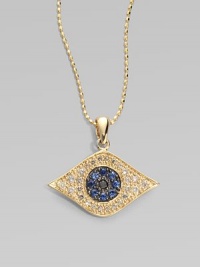 A protective evil eye, richly rendered diamonds and blue sapphires, hangs from a 14k yellow gold chain. Diamonds, 0.26 tcw Sapphires 14k yellow gold Chain length, about 16 Pendant width, about ¾ Claw clasp Imported A protective evil eye, richly rendered diamonds and blue sapphires, hangs from a 14k yellow gold chain. Diamonds, 0.26 tcw Sapphires 14k yellow gold Chain length, about 16 Pendant width, about ¾ Claw clasp Imported