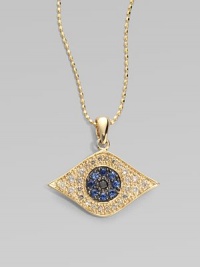 A protective evil eye, richly rendered diamonds and blue sapphires, hangs from a 14k yellow gold chain. Diamonds, 0.26 tcw Sapphires 14k yellow gold Chain length, about 16 Pendant width, about ¾ Claw clasp Imported 