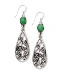 For a look that's perfectly hippie-chic. Lucky Brand's openwork teardrop earrings feature a fancy filigree pattern accented by semi-precious turquoise stones. Crafted in silver tone mixed metal. Approximate drop: 2-4/10 inches. For a look that's perfectly hippie-chic. Lucky Brand's openwork teardrop earrings feature a fancy filigree pattern accented by semi-precious turquoise stones. Crafted in silver tone mixed metal. Approximate drop: 2-4/10 inches.