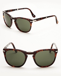 Persol perfection: luxe retro frames with bold silver accents fold up into a compact, ultra-portable shape-without sacrificing looks. Persol perfection: luxe retro frames with bold silver accents fold up into a compact, ultra-portable shape-without sacrificing looks.