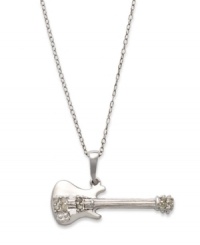 Embrace your inner rock diva. This polished pendant features a diamond-accented (1/10 ct. t.w.) guitar in sterling silver. Approximate length: 18 inches. Approximate drop length: 2/3 inch. Approximate drop width: 1 inch. Embrace your inner rock diva. This polished pendant features a diamond-accented (1/10 ct. t.w.) guitar in sterling silver. Approximate length: 18 inches. Approximate drop length: 2/3 inch. Approximate drop width: 1 inch.