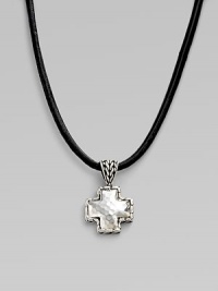 A simple leather cord holds a small cross pendant forged with a hammered finish in pure silver. Cord, 18-20 adjustable Lobster clasp closure Imported A simple leather cord holds a small cross pendant forged with a hammered finish in pure silver. Cord, 18-20 adjustable Lobster clasp closure Imported
