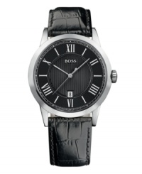 Classically handsome styling allows this sleek Hugo Boss dress watch to outlast trends. Black croc-embossed leather strap and round stainless steel case. Black dial with inner striped dial features silvertone Roman numerals, date window at six o'clock, and logo. Quartz movement. Water resistant to 30 meters. Two-year limited warranty. Classically handsome styling allows this sleek Hugo Boss dress watch to outlast trends. Black croc-embossed leather strap and round stainless steel case. Black dial with inner striped dial features silvertone Roman numerals, date window at six o'clock, and logo. Quartz movement. Water resistant to 30 meters. Two-year limited warranty.