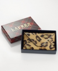 Get spotted with this posh leopard-print card case from Lauren Ralph Lauren. Luxe patent leather is elegantly adorned with signature detailing and accent stitching, for an exotic look with some bite. Presented in a signature gift box. Get spotted with this posh leopard-print card case from Lauren Ralph Lauren. Luxe patent leather is elegantly adorned with signature detailing and accent stitching, for an exotic look with some bite. Presented in a signature gift box.