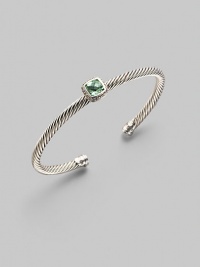 From the Noblesse Collection. Shimmering pavé diamonds frame a faceted prasiolite stone, delicately perched atop a cabled silver cuff. Diamonds, 0.14 tcw Prasiolite Sterling silver Cable, 5mm Diameter, about 2¼ Made in USA From the Noblesse Collection. Shimmering pavé diamonds frame a faceted prasiolite stone, delicately perched atop a cabled silver cuff. Diamonds, 0.14 tcw Prasiolite Sterling silver Cable, 5mm Diameter, about 2¼ Made in USA