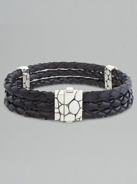Sterling silver and three-row black leather woven bracelet. Spring clasp 8½ long Imported Sterling silver and three-row black leather woven bracelet. Spring clasp 8½ long Imported
