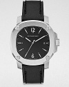 A classic timepiece with a brushed, stainless steel case and a luxurious, stitched leather strap. Quartz movementWater resistant to 5 ATMOctagonal stainless steel case, 43mm (1.7) Screw accented bezelBlack dialBar and numeric hour markersDate display at 3 o'clockSecond hand Black stitched leather strapMade in Switzerland 