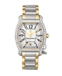 Decadent details accent the curves of this Dalton watch by Juicy Couture. Two-tone stainless steel bracelet and tonneau case with iconic crown charm. Bezel crystallized with Swarovski elements at left and right. Silver tone dial features black numerals at markers, minute track, heart-shaped date window at six o'clock, three gold tone hands and logos. Quartz movement. Water resistant to 30 meters. Two-year limited warranty. Decadent details accent the curves of this Dalton watch by Juicy Couture. Two-tone stainless steel bracelet and tonneau case with iconic crown charm. Bezel crystallized with Swarovski elements at left and right. Silver tone dial features black numerals at markers, minute track, heart-shaped date window at six o'clock, three gold tone hands and logos. Quartz movement. Water resistant to 30 meters. Two-year limited warranty.