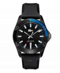 Neutral black-on-black design lends versatility to this masculine Sport Navigator watch by Lacoste. Ribbed black rubber strap and round black PVD stainless steel case with blue-accented aluminum bezel. Black dial features silver tone stick indices, minute track, blue ring, date window at six o'clock, text logo, iconic crocodile logo and three hands. Quartz movement. Water resistant to 50 meters. Two-year limited warranty. Neutral black-on-black design lends versatility to this masculine Sport Navigator watch by Lacoste. Ribbed black rubber strap and round black PVD stainless steel case with blue-accented aluminum bezel. Black dial features silver tone stick indices, minute track, blue ring, date window at six o'clock, text logo, iconic crocodile logo and three hands. Quartz movement. Water resistant to 50 meters. Two-year limited warranty.