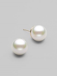 Simple and lovely, classic studs of lustrous white pearls to wear anywhere. 12mm organic man-made pearls 14k gold 14k gold post back Made in Spain Simple and lovely, classic studs of lustrous white pearls to wear anywhere. 12mm organic man-made pearls 14k gold 14k gold post back Made in Spain