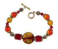 Bracelet - B23 - Handmade Murano Glass & Fire-Polished Beads - Round Crackle Beads - Toggle Closure ~ Red & Gold