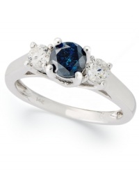 A stunning 3-stone ring with an extra touch of color. This exquisite design incorporates round-cut white diamonds (3/8 ct. t.w.) and a blue diamond (5/8 ct. t.w.) in 14k white gold. A stunning 3-stone ring with an extra touch of color. This exquisite design incorporates round-cut white diamonds (3/8 ct. t.w.) and a blue diamond (5/8 ct. t.w.) in 14k white gold.