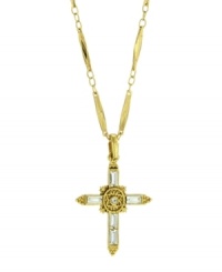 Express your beliefs with breathtaking, religious-inspired design. Vatican pendant features a luminous crystal cross and gold tone mixed metal setting. Approximate length: 18 inches. Approximate drop: 1-1/2 inches.