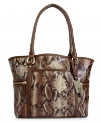 Work your wild side with this python print tote from Style&co. that gives exotic flair to an old school classic. Decked out in zippers, stud accents and gleaming hardware, it's easy to see why this retro revival is all the rage. Work your wild side with this python print tote from Style&co. that gives exotic flair to an old school classic. Decked out in zippers, stud accents and gleaming hardware, it's easy to see why this retro revival is all the rage.