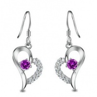 Rhodium Plated 925 Sterling Silver Amethyst Diamond Accent Heart Earrings-SE3257 Rhodium Plated 925 Sterling Silver Amethyst Diamond Accent Heart Earrings-SE3257