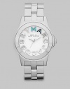 Colorful crystals accent the logo dial on this simply chic, stainless steel style. Quartz movementWater resistant to 5 ATMStainless steel case, 40mm (1.6) Smooth bezelWhite dialCrystal accented and smooth logo hour markersSecond hand Stainless steel link braceletImported 
