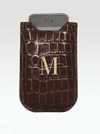 A sleek and compact case in croco-embossed leather, specially designed for iPhone 4/4S and newer BlackBerry models. Shammy-cloth lining securely hold your phone in place. Fits iPhone 4/4S and new BlackBerry models Leather 3½W X 5H Made in USA FOR PERSONALIZATIONSelect a color and quantity, then scroll down and click on PERSONALIZE & ADD TO BAG to choose and preview your monogramming options. Please allow 1 week for delivery. A sleek and compact case in croco-embossed leather, specially designed for iPhone 4/4S and newer BlackBerry models. Shammy-cloth lining securely hold your phone in place. Fits iPhone 4/4S and new BlackBerry models Leather 3½W X 5H Made in USA FOR PERSONALIZATIONSelect a color and quantity, then scroll down and click on PERSONALIZE & ADD TO BAG to choose and preview your monogramming options. Please allow 1 week for delivery.
