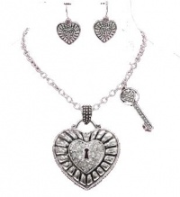 Designer Pave Crystal Heart & Key Necklace & Dangle Bling Earring Set by Jersey Bling Designer Pave Crystal Heart & Key Necklace & Dangle Bling Earring Set by Jersey Bling