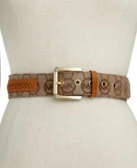 With rich braided leather detail, this MICHAEL Michael Kors belt showcases golden shimmer and logo love. With rich braided leather detail, this MICHAEL Michael Kors belt showcases golden shimmer and logo love.