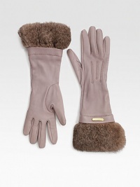 A feminine and elegant design in ultra-supple goatskin leather with a luxurious dyed rabbit cuff. Goatskin leatherDarted detailsLogo plaqueLength, about 14Made in ItalyFur origin: Spain A feminine and elegant design in ultra-supple goatskin leather with a luxurious dyed rabbit cuff. Goatskin leatherDarted detailsLogo plaqueLength, about 14Made in ItalyFur origin: Spain