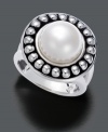 Flawless contemporary design. One lustrous cultured freshwater pearl (10.5-11 mm) rests among a circle of gleaming spheres in this sterling silver ring by Fresh by Honora.