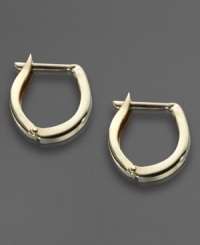 Give your favorite little gal a touch of modern style. A hinged closure gives these 14k gold hoop earrings an architectural shape. Give your favorite little gal a touch of modern style. A hinged closure gives these 14k gold hoop earrings an architectural shape.