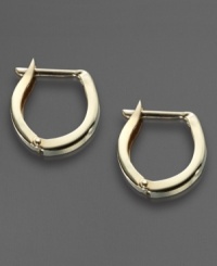 Give your favorite little gal a touch of modern style. A hinged closure gives these 14k gold hoop earrings an architectural shape.