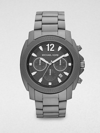A sleek, titanium chronograph design with matte gunmetal plating and a knurled dial.Chronograph movementRound bezelWater resistant to 10ATMDate display at 3 o'clock Second handStainless steel case: 47mm(1.85)Imported A sleek, titanium chronograph design with matte gunmetal plating and a knurled dial.Chronograph movementRound bezelWater resistant to 10ATMDate display at 3 o'clock Second handStainless steel case: 47mm(1.85)Imported
