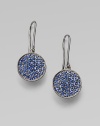 Discs of 14k white gold boast rich clusters of sparkling, vibrant blue sapphires.Sapphire 14k white gold Diameter, about ½ Ear wire Made in USA