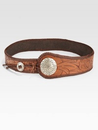 Weathered leather blends rugged style with feminine florals for a bohemian look.2½ wide Loop closure Leather Imported Additional Information Women's Belts Size Guide Weathered leather blends rugged style with feminine florals for a bohemian look.2½ wide Loop closure Leather Imported Additional Information Women's Belts Size Guide