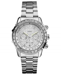 Endless dazzle, by GUESS. This chronograph watch shines with crystal accents and sleek steel. Endless dazzle, by GUESS. This chronograph watch shines with crystal accents and sleek steel.
