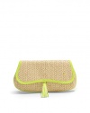 THE LOOKNatural raffia with bright neon leather trimCurvy flap styleSnap flap closure with tassel pullSignature goldtone S studOne inside logo printed open pocketTHE MEASUREMENT9W X 5H X ¼DTHE MATERIALRaffiaLeather trimFully linedORIGINImported