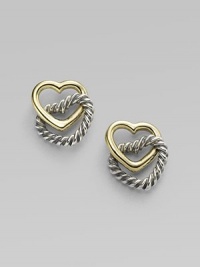 From the Cable Heart Collection. A polished open heart of 14k yellow gold is linked forever to a cabled heart of sterling silver. Sterling silver and 14k yellow gold Width, about ¾ Post back Made in USA From the Cable Heart Collection. A polished open heart of 14k yellow gold is linked forever to a cabled heart of sterling silver. Sterling silver and 14k yellow gold Width, about ¾ Post back Made in USA