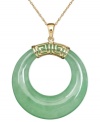 Calm, cool, and collected. This serene pendant features cut-out jade (30 mm) highlighted by a Greek key setting crafted from 14k gold. Approximate length: 18 inches. Approximate drop: 1-1/2 inches.