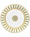 For any elegant holiday affair the Bernardaud Constance Dinnerware Collection makes for timeless presentation of your seasonal fare. Ornate design inspired by the Empire Period with gold outlined acorn and oak leaves that symbolize strength and longevity. A dash a sage rims each piece behind a golden laurel vine while touches of red with gold trim further complement the pattern.