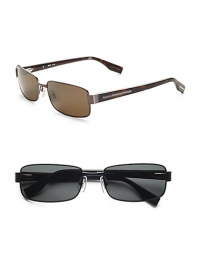 A slightly narrower profile unites chic metal frames with acetate temples and logo temple detail. Available in semi-matte brown frames with brown polarized lenses or black frames with grey polarized lenses. Logo temple detail 100% UV protective Imported A slightly narrower profile unites chic metal frames with acetate temples and logo temple detail. Available in semi-matte brown frames with brown polarized lenses or black frames with grey polarized lenses. Logo temple detail 100% UV protective Imported