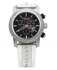 This Burberry timepiece features a white rubber strap. Silvertone stainless steel round case and round black dial with three subdials, date window, logo and stick indices. Swiss movement. Water resistant to 100 meters. Two-year limited warranty. This Burberry timepiece features a white rubber strap. Silvertone stainless steel round case and round black dial with three subdials, date window, logo and stick indices. Swiss movement. Water resistant to 100 meters. Two-year limited warranty.