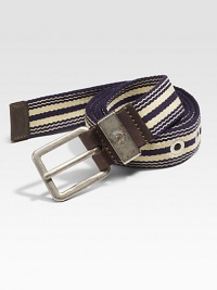 A striped classic with leather trim and burnished metal buckle.65% acrylic/30%polyproylene/5% polyethyleneAbout 1 wideMade in Italy A striped classic with leather trim and burnished metal buckle.65% acrylic/30%polyproylene/5% polyethyleneAbout 1 wideMade in Italy