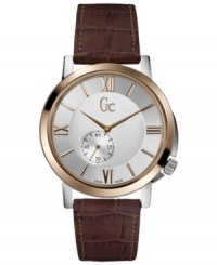 A timepiece made for the distinct gentleman: The Slim Class by Gc Swiss Made Timepieces boasts a sleek 6-1/2 mm case and genuine croc-embossed leather. A timepiece made for the distinct gentleman: The Slim Class by Gc Swiss Made Timepieces boasts a sleek 6-1/2 mm case and genuine croc-embossed leather.