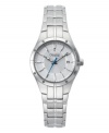 This sleek sport watch by Caravelle by Bulova dresses both up and down effortlessly. Stainless steel bracelet and round case with lugs at bezel. Silver tone dial features applied silver tone stick indices, small numerals at inner ring, minute track, date window at three o'clock, luminous hour and minute hands, blue second hand, and logo. Quartz movement. Water resistant to 30 meters. Two-year limited warranty.