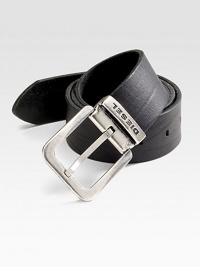 Slightly textured buffalo leather with logo detail and smooth metal buckle.Buffalo LeatherAbout 1½Imported