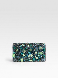 Raso stone-covered satin in a box design.Magnetic snap flap closureOne inside open pocketSatin lining7¼W X 3½H X 2DMade in Italy Raso stone-covered satin in a box design.Magnetic snap flap closureOne inside open pocketSatin lining7¼W X 3½H X 2DMade in Italy