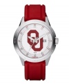 Show your Sooner spirit every second of the day with this signature team watch from Fossil. Red polyurethane strap and round stainless steel case. Bezel etched with numerals and stick indices. White dial features large red University of Oklahoma logo, printed minute track and stick indices at outer ring, date window at three o'clock and luminous hands. Quartz movement. Water resistant to 100 meters. Eleven-year limited warranty.