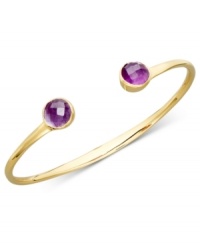 Rich jewel tones add an unexpected pop of color to this chic bangle. Studio Silver design highlights round-cut amethyst ends (4 ct. t.w.) in a sleek 18k gold over sterling silver setting. Approximate diameter: 2-1/2 inches. Rich jewel tones add an unexpected pop of color to this chic bangle. Studio Silver design highlights round-cut amethyst ends (4 ct. t.w.) in a sleek 18k gold over sterling silver setting. Approximate diameter: 2-1/2 inches.